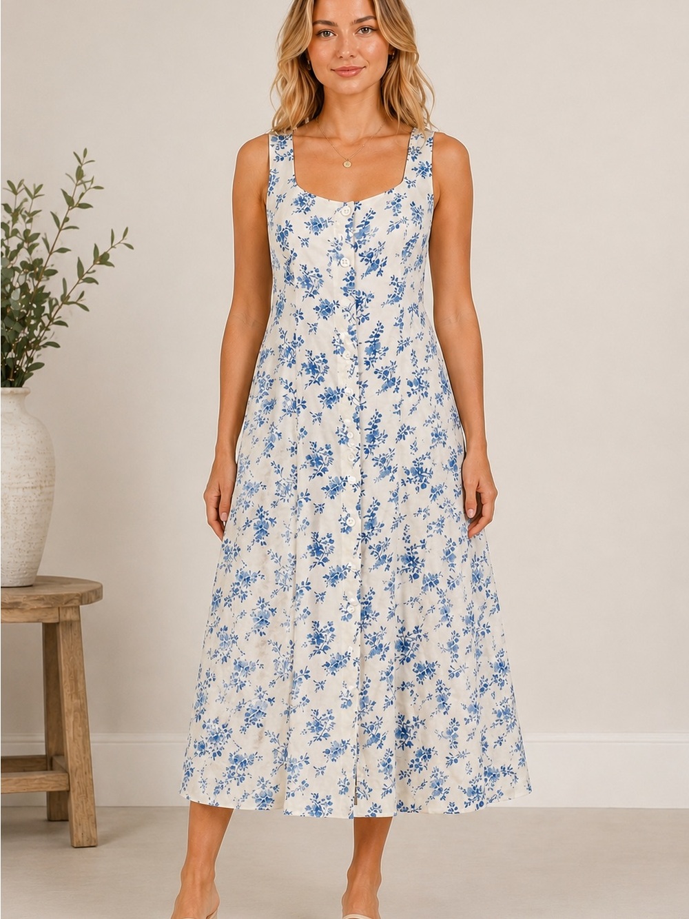 Blu Pepper White Blue Floral Midi Dress Womens M Button Front cottagecore praire